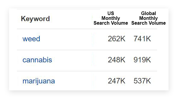 chart showing monthly search volumes of weed, marijuana, and cannabis