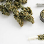 joint with marijuana, Cannabis buds on black table, close up, grinder with fresh weed,