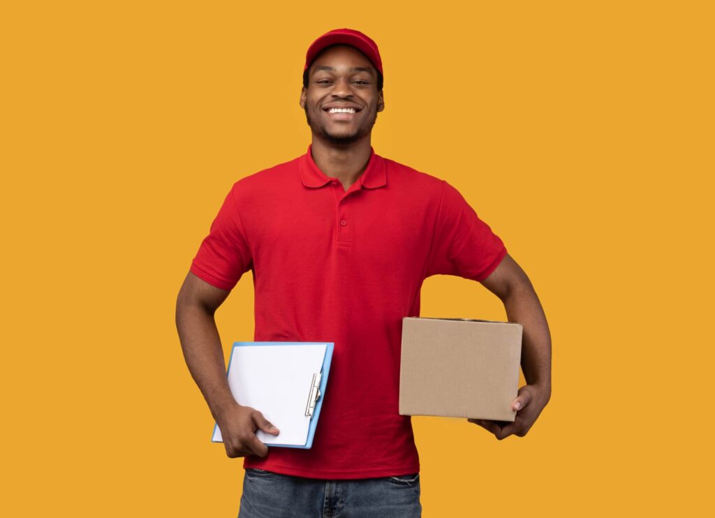 mail man holding a box for cannabis delivery