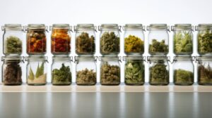 variety of vibrant cannabis strains beautifully arranged in clear glass jars | Denver dispensary