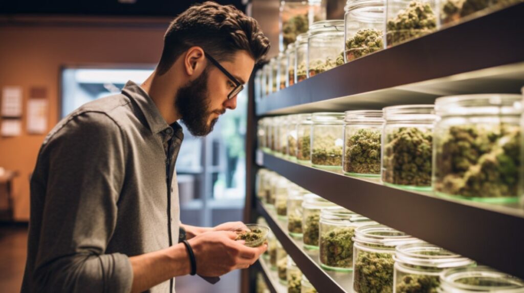 young adult in Denver examining bright buds of medical marijuana in a dispensary