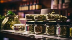 A close-up image of a cannabis flower surrounded by jars of various cannabis products | Dispensaries that deliver