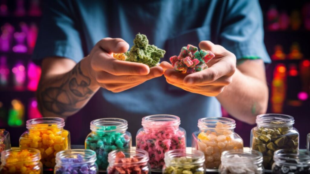 Close-up image of a person holding an array of colorful, unique cannabis products