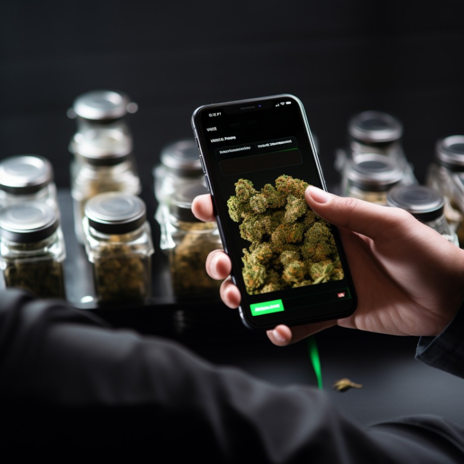 close-up of a hand holding a smartphone in front of a dispensary storefront