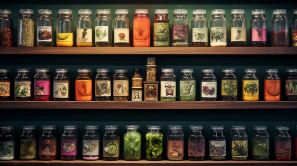 A colorful shelves filled with various cannabis products