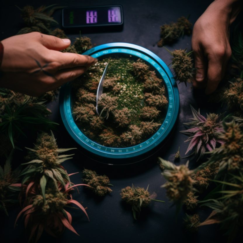 A close-up of vibrant buds, a scale with green leaves, a person's hands rolling a joint | Denver dispensary