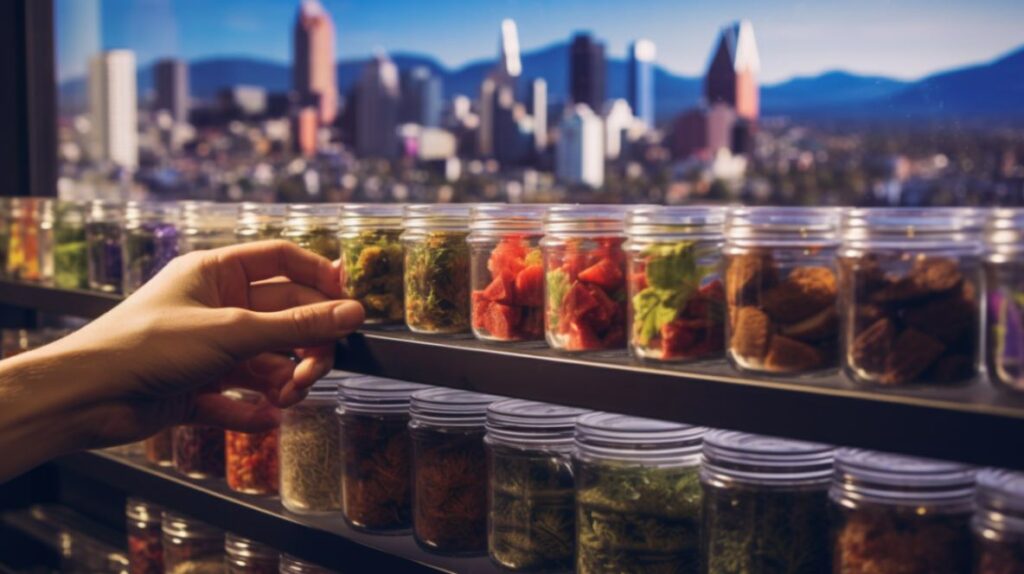 A close-up of a hand picking up a variety of colorful edibles from a dispensary shelf