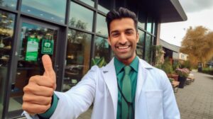 A person in a green doctor's coat standing in front of a Denver dispensary with a large smile and a thumbs up