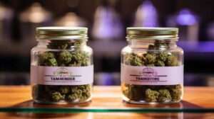 close-up image of two labeled jars of marijuana