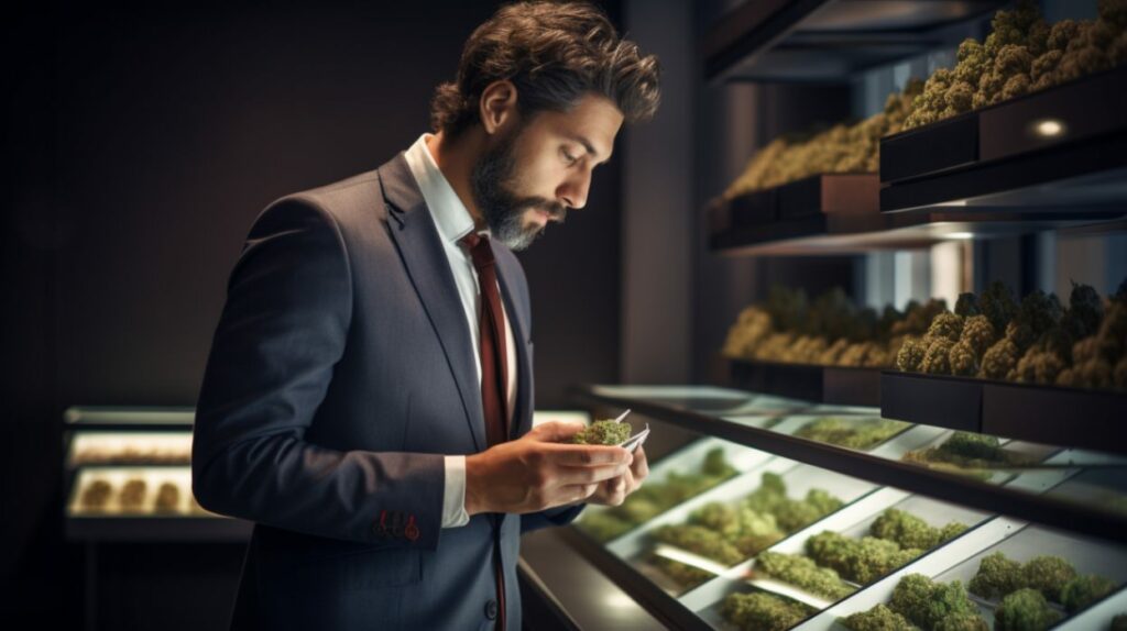 An image of a sophisticated, well-dressed customer in a modern dispensary