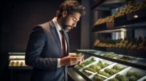 :An image of a sophisticated, well-dressed customer in a modern dispensary