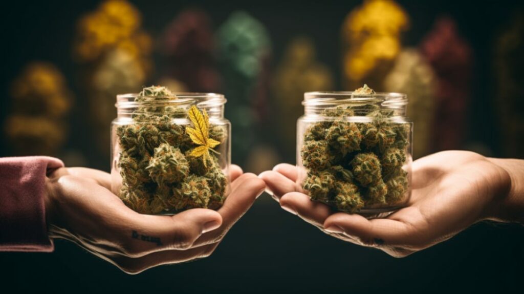 A close-up of a hand holding a sample of buds from two different dispensaries | Denver Dispensary